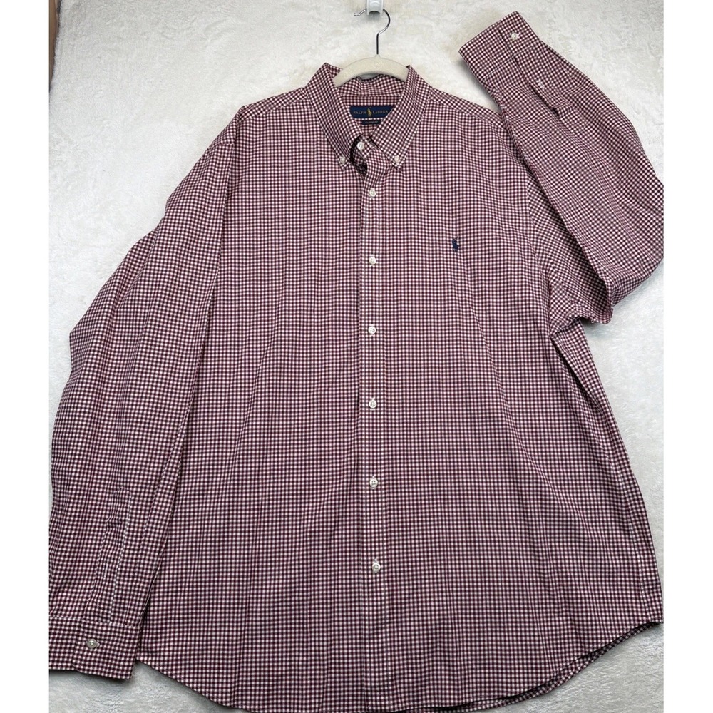 Ralph Lauren Men's Shirt XXL Tall Burgundy Gingham Check Classic Fit Long Sleeve